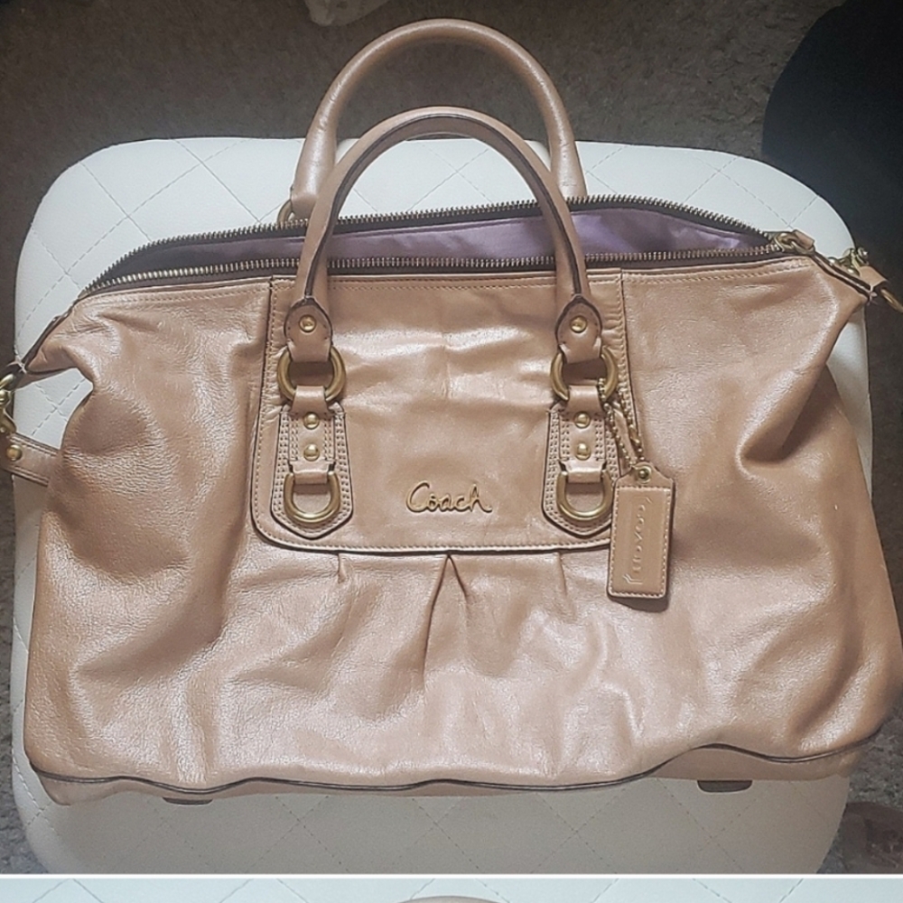 Coach Tan Satchel with Gold Hardware and Structured Design